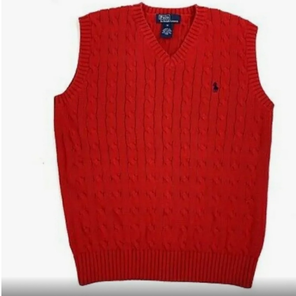 POLIby Ralph Lauren cable V neck 100% cotton red vest embroider polo Sz M 10-12)